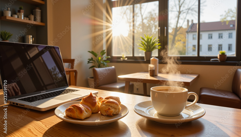 Cozy café table with pastries and coffee, inviting ambiance Cozy café table with pastries and coffee, inviting ambiance