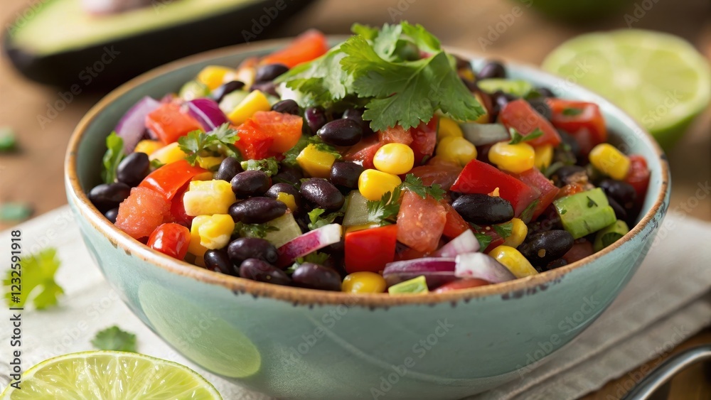 A vibrant bowl of corn and black bean salad, featuring diced red bell peppers, red onion, and fresh cilantro A vibrant bowl of corn and black bean salad, featuring diced red bell peppers, red onion, and fresh cilantro