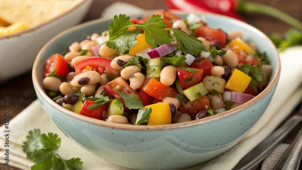 A vibrant and refreshing bean salad with colorful vegetables and fresh herbs in a light blue bowl A vibrant and refreshing bean salad with colorful vegetables and fresh herbs in a light blue bowl