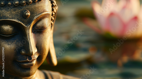 A close-up of Buddha's ear, elongated and symbolic of his renunciation of materialism, with a lotus flower in the background