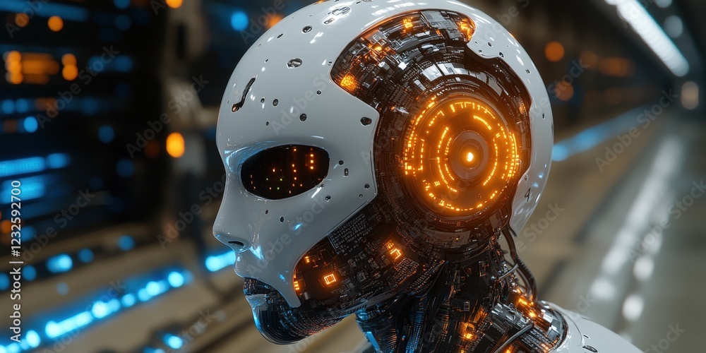 Fototapeta premium Robot with glowing head in a futuristic setting with bright lights and advanced technology background