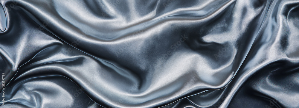 Fototapeta premium A close-up view of the surface texture of silver fabric, showcasing a smooth and slightly wavy appearance. The dark gray background enhances the details of the light blue material, bringing out its su
