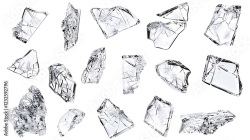 A set of cracked glass pieces scattered across the ground, with fine fractures, isolated on a white background.