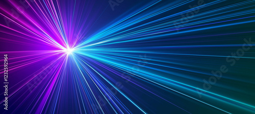 A dark blue background with a gradient transitioning from purple to teal, creating a rich and vibrant atmosphere. On the left side, light rays in neon colors burst, adding a dynamic and electrifying e photo