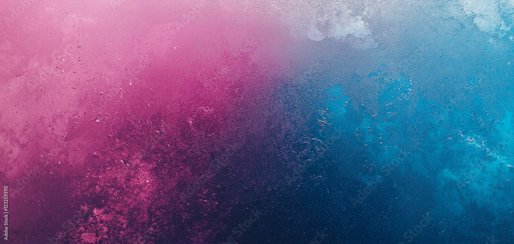 Fototapeta premium A pink and blue gradient background with a grainy texture, creating a minimalist and simple design. The top left features a smooth blend of soft pink and blue hues, while a dark gray gradient appears 