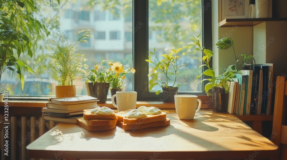 Fototapeta premium Sunlit Breakfast Table with Toast and Coffee