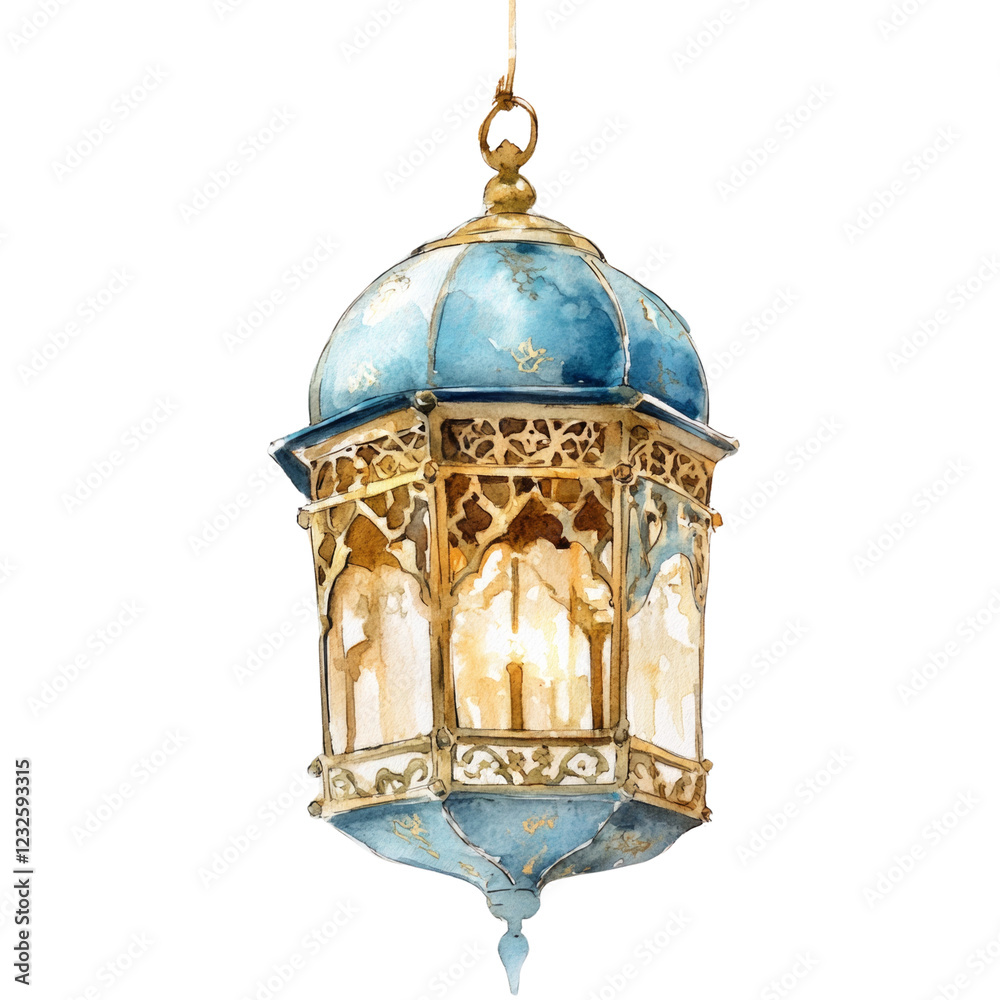 Obraz premium A watercolor painting depicts an elegant blue and gold hanging lantern with intricate detailing, suggestive of Middle Eastern or Islamic design.