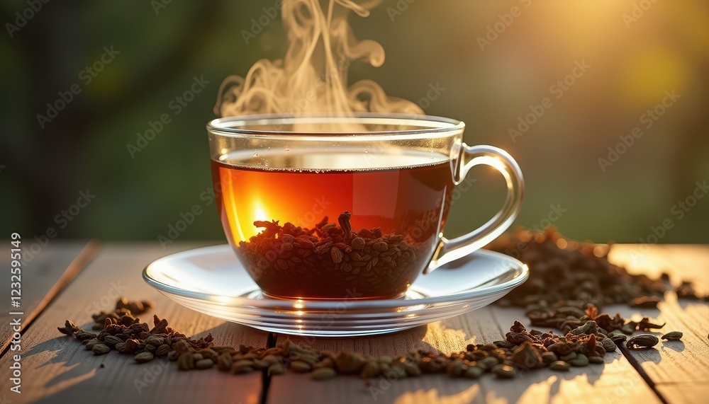 A steaming cup of tea sits on a wooden table by a window, with raindrops on the glass. The cozy atmosphere, warm light, and blurred background create a serene and peaceful rainy day scene A steaming cup of tea sits on a wooden table by a window, with raindrops on the glass. The cozy atmosphere, warm light, and blurred background create a serene and peaceful rainy day scene