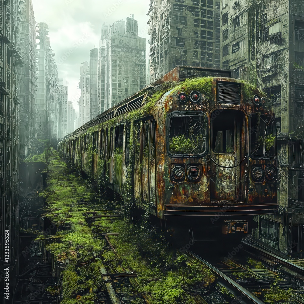 Naklejka premium An abandoned train surrounded by urban decay and vegetation.