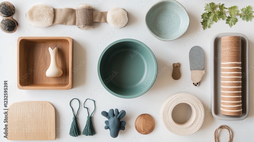 Obraz premium A flat lay of eco-friendly pet accessories, including bowls, collars, and toys. digital