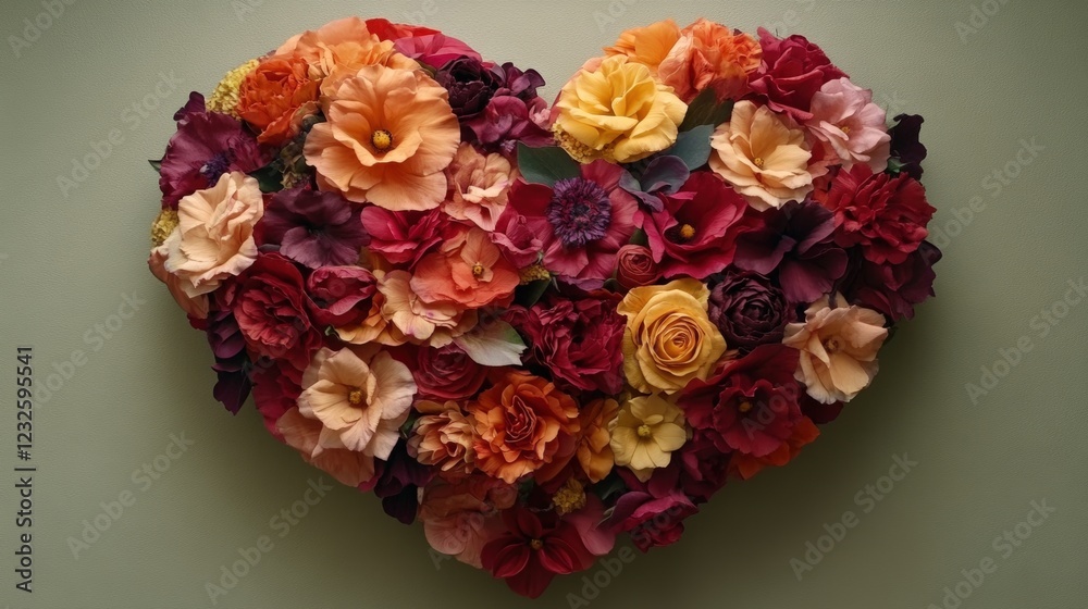 Heart shape created from colorful flowers arranged on a white background Heart shape created from colorful flowers arranged on a white background