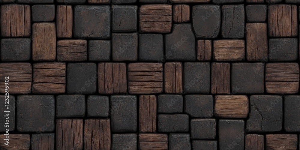 Fototapeta premium Seamless Texture of Dark Stone and Wood Blocks Medieval Style Cobblestone Pattern