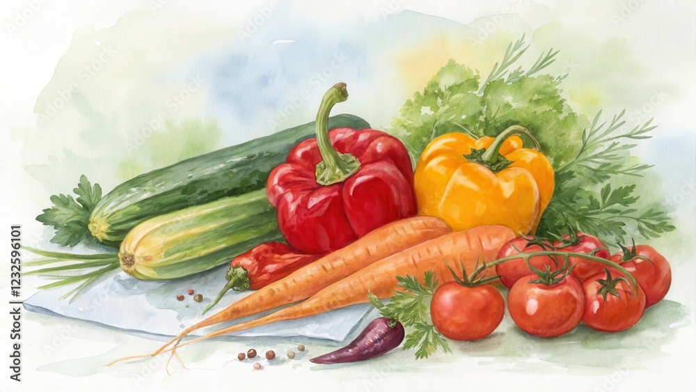 A vibrant watercolor painting of fresh garden vegetables including zucchini, bell peppers, carrots, tomatoes, and chili peppers, arranged artfully on a light blue cloth A vibrant watercolor painting of fresh garden vegetables including zucchini, bell peppers, carrots, tomatoes, and chili peppers, arranged artfully on a light blue cloth