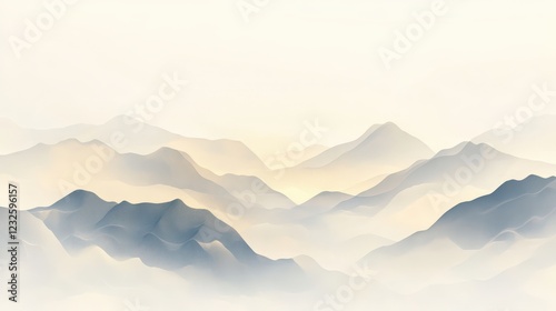 Light-colored background, mountains made of clouds and mist in the distance, Stereoscopic mountain range，vector illustration style, light gray and gold, flowing brushwork photo