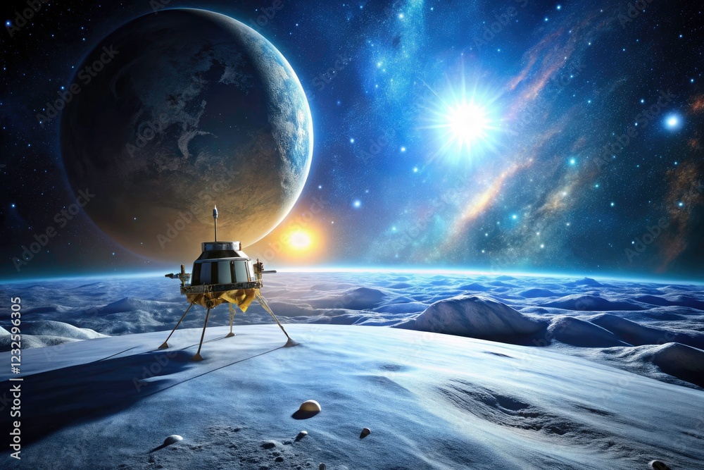 Obraz premium Solar system's icy jewel: planetary science unfolds as a probe navigates a bokeh-drenched moon.