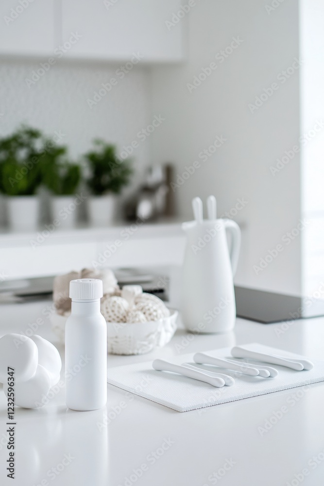 White kitchen setting featuring utensils, a container, and decorations in a modern, minimalist design. Generative AI White kitchen setting featuring utensils, a container, and decorations in a modern, minimalist design. Generative AI