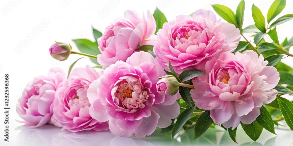 A cluster of peonies in full bloom against a soft white paper, showcasing their lush pink petals and delicate green leaves, set against a subtle leafy branch, beautiful spring flowers, spring colors A cluster of peonies in full bloom against a soft white paper, showcasing their lush pink petals and delicate green leaves, set against a subtle leafy branch, beautiful spring flowers, spring colors