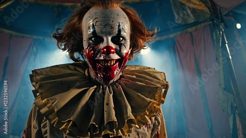 A sinister undead clown with bloodstained teeth, cracked makeup, and exaggerated evil grin photo