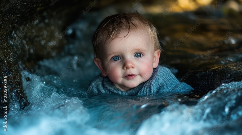 Baby playing in coastal rocks, waves splashing Baby playing in coastal rocks, waves splashing