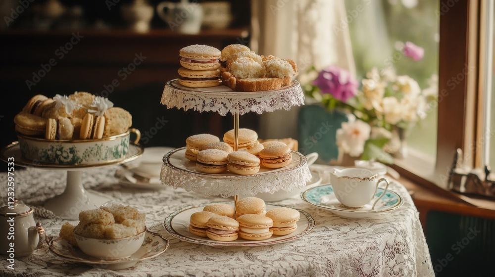 Naklejka premium Elegant Afternoon Tea Setting with Delicate Cakes and Pastries
