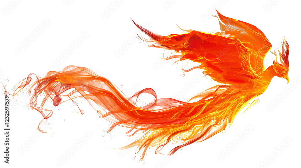 Obraz premium A fiery phoenix tail with detailed flame textures, isolated on a plain white surface