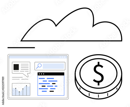 Cloud over a browser with data graphs, search input, and dollar coin symbolizing technology, finance, and analytics. Ideal for tech innovation, cloud economics, business tools, fintech big data