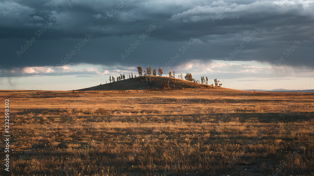 Fototapeta premium Vast prairie under dramatic skies, golden grass fields, solitary hill with ancient trees, and contrasting sunlight and storm clouds