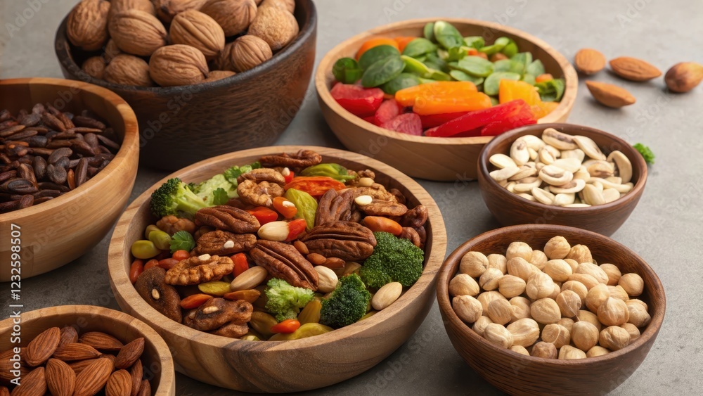 Aromatic Mix of Nuts, Seeds, and Vegetables in Wooden Bowls Aromatic Mix of Nuts, Seeds, and Vegetables in Wooden Bowls