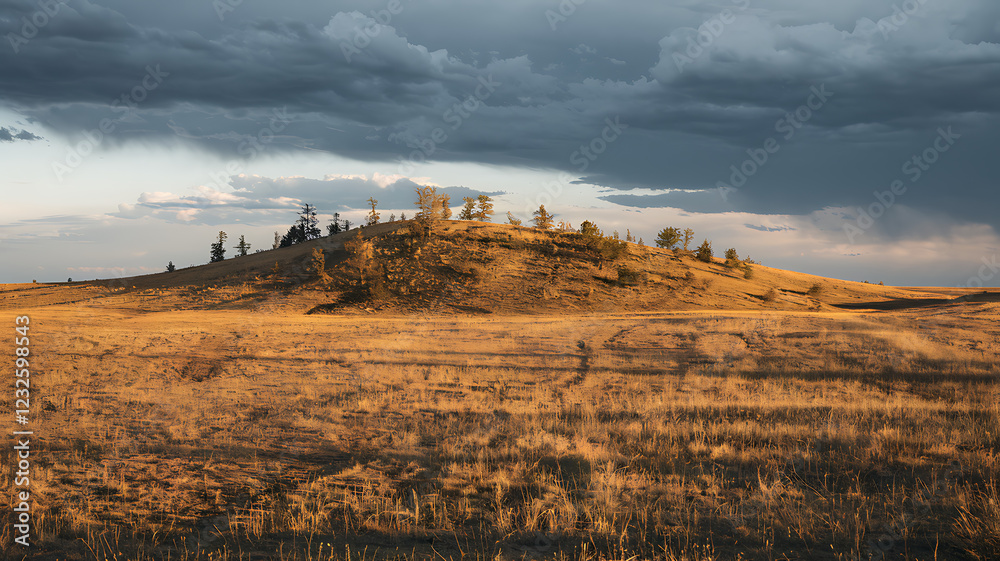 Fototapeta premium Vast prairie under dramatic skies, golden grass fields, solitary hill with ancient trees, and contrasting sunlight and storm clouds