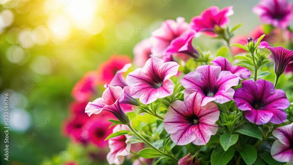 Fototapeta premium A close-up of delicate petunia flowers in a garden with lush greenery and vibrant colors, set against a soft white background