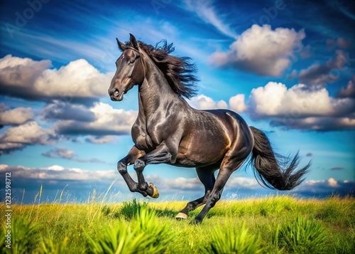Playful black steeds, a countryside idyll, captured.