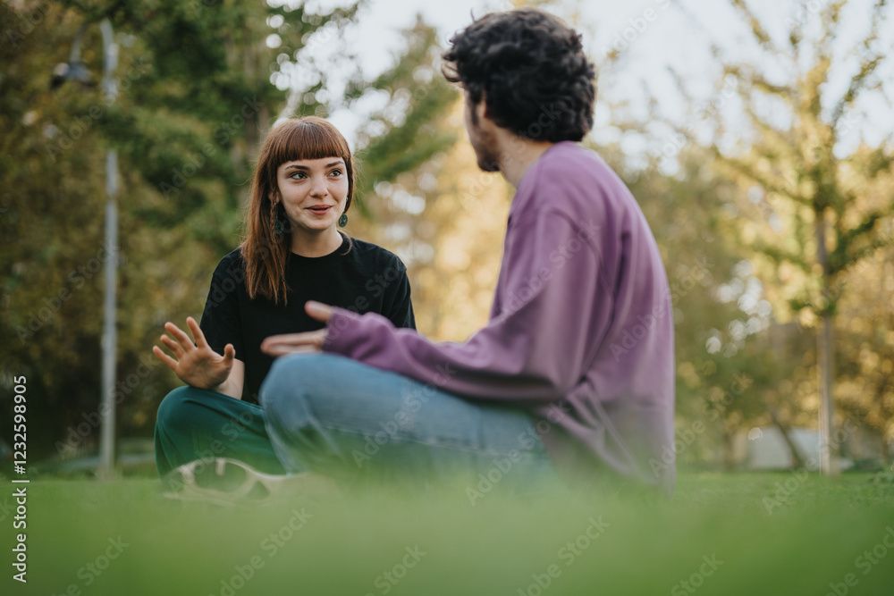 A young couple sits on the grass, enjoying a lively conversation in a park filled with sunlight and greenery. Their relaxed posture suggests a comfortable and casual dialogue.