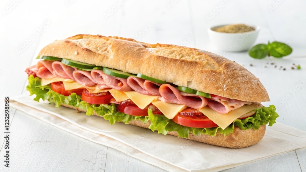 A Long Sub Sandwich Filled with Ham, Cheese, and Fresh Vegetables on a White Surface A Long Sub Sandwich Filled with Ham, Cheese, and Fresh Vegetables on a White Surface