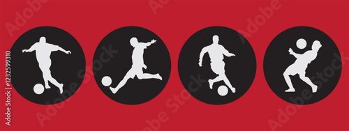 Four soccer player silhouettes display different techniques like kicking, dribbling, and shooting on a vibrant red background. This design emphasizes agility and skill.