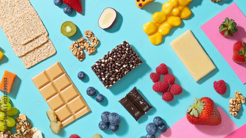 A flat lay of healthy snacks and protein bars arranged on a bright surface. digital A flat lay of healthy snacks and protein bars arranged on a bright surface. digital