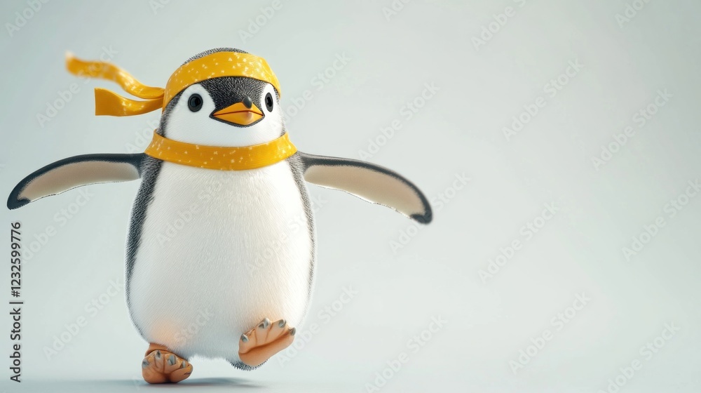 Obraz premium Cute penguin running, winter scarf, light background, winter fun
