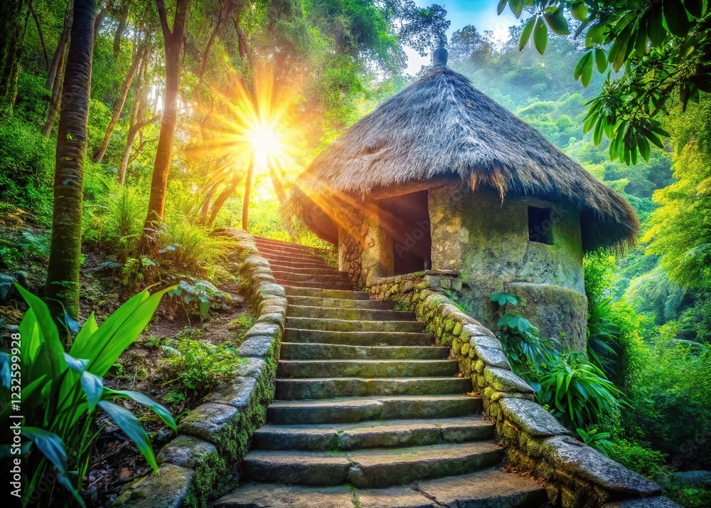 Rainforest hut's concrete steps, a photo. Rainforest hut's concrete steps, a photo.