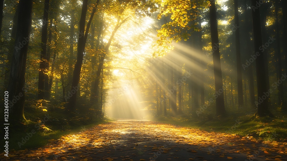 Obraz premium Sunlight filters through trees in a serene forest, casting a warm glow on the path below.