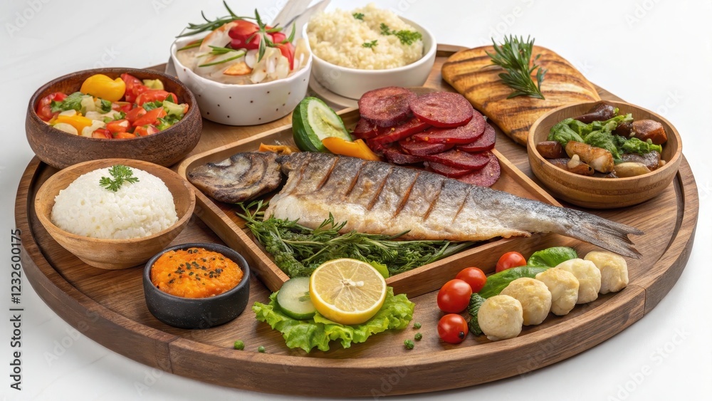 A Delicious Grilled Fish Platter with an Array of Sides, Including Rice, Sauces, and Vegetables