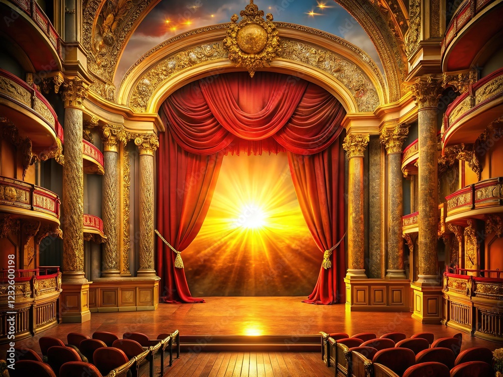 Obraz premium Red velvet curtain, spotlight highlights theatrical scene.
