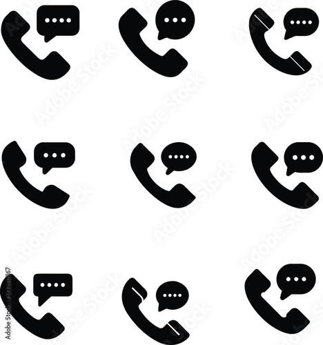black and white call and phone icons set with message bubbles, speech