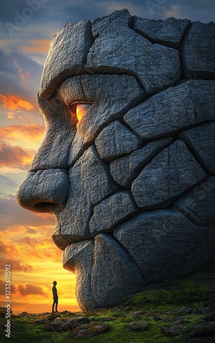 An illustration art of a lone figure standing before a colossal giant statue awakening photo