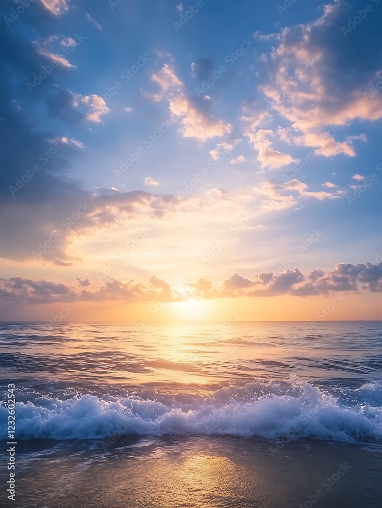 Obraz premium Serene sunset over the ocean with gentle waves and colorful clouds in the sky.