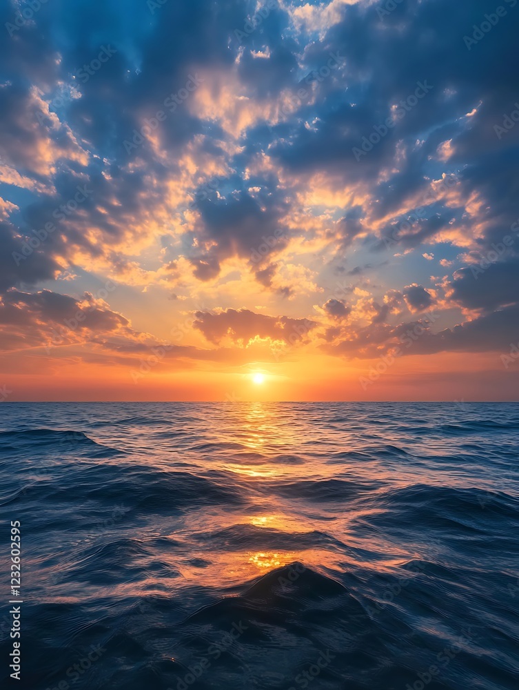 Obraz premium Vibrant sunset over ocean waves, casting golden reflections with dramatic clouds above.