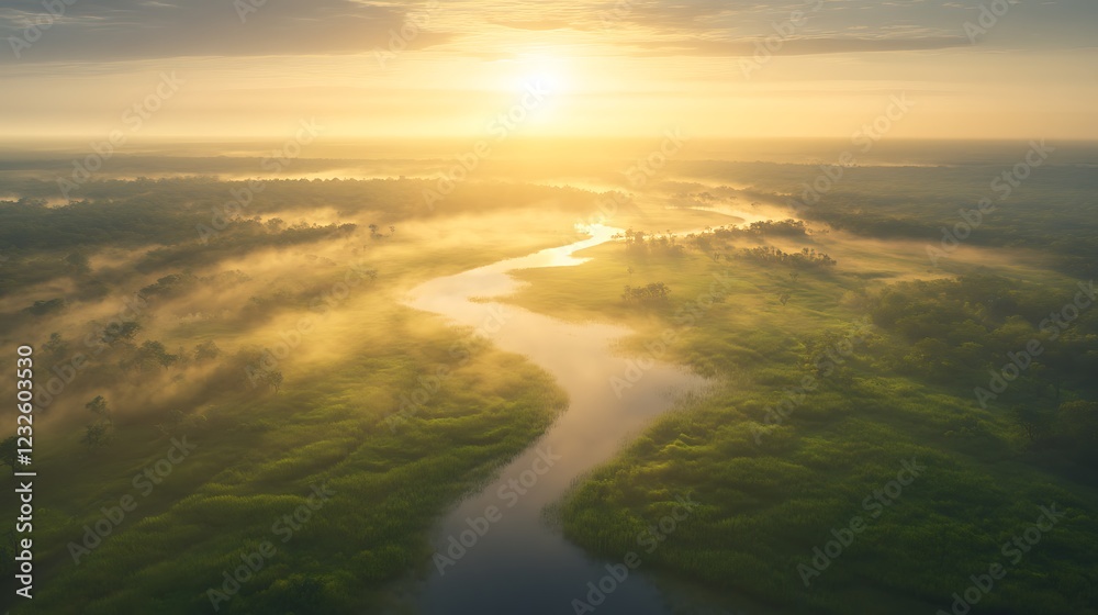 Fototapeta premium Serene landscape featuring a winding river under a golden sunrise with misty surroundings.