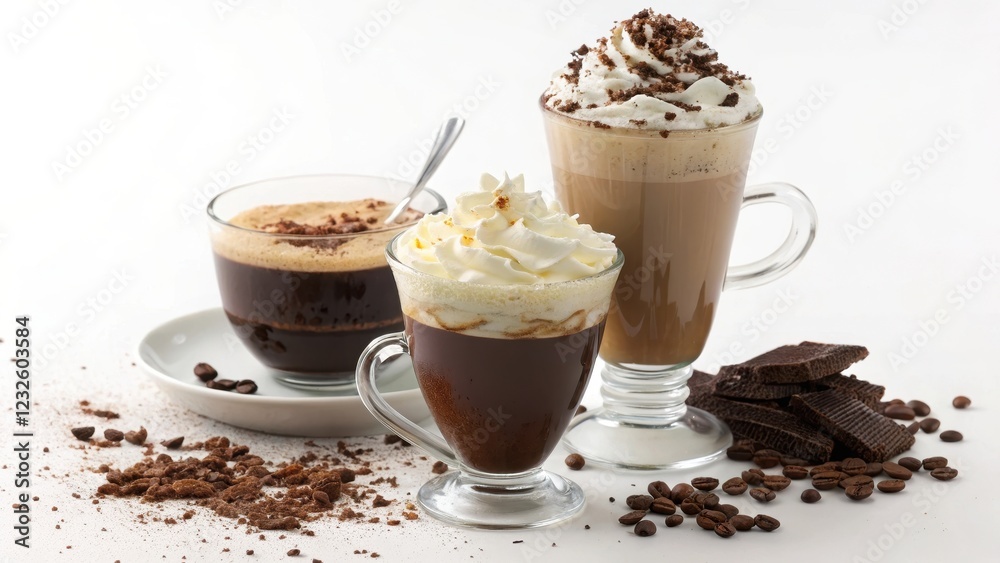A delightful trio of coffee beverages, each topped with a luscious dollop of whipped cream and chocolate shavings, is complemented by a scattering of coffee beans and rich chocolate pieces. A delightful trio of coffee beverages, each topped with a luscious dollop of whipped cream and chocolate shavings, is complemented by a scattering of coffee beans and rich chocolate pieces.