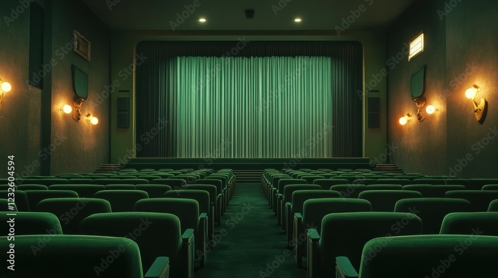 Fototapeta premium Empty vintage movie theater with green seats and stage curtains.