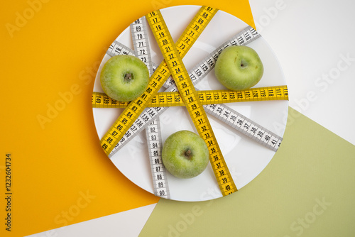 Diet and nutrition for weight loss. Empty plate with measuring tape and fork. Health concept. Multicolored centimeters close-up photo