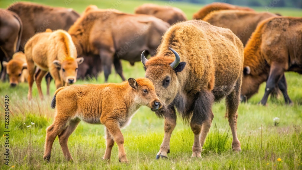 Mother Bison Nurturing Calf on Green Field in Scenic Landscape Mother Bison Nurturing Calf on Green Field in Scenic Landscape