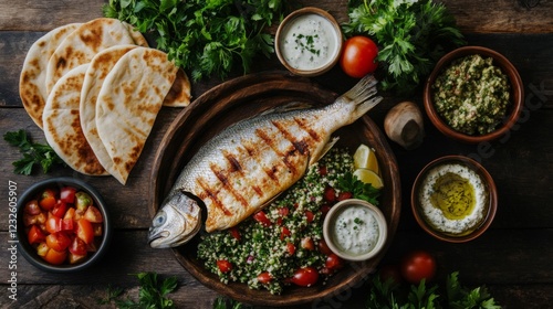 Wallpaper Mural Grilled Fish with Tabbouleh and Pita Bread Mediterranean Cuisine Torontodigital.ca